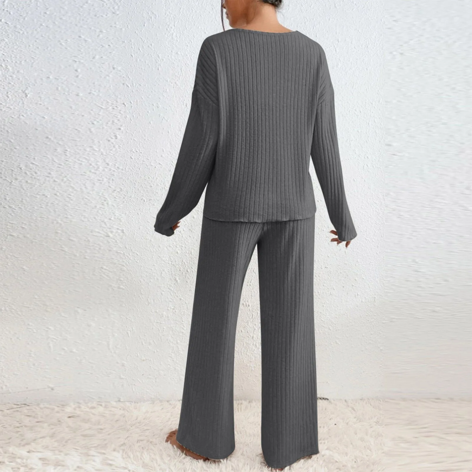 Damen Geripptes Strick-Zweiteiler-Set V-Ausschnitt Langarm-Oberteil Weite Hose Herbst Locker Lässige Loungewear Eleganter Hausanzug – Detail 14