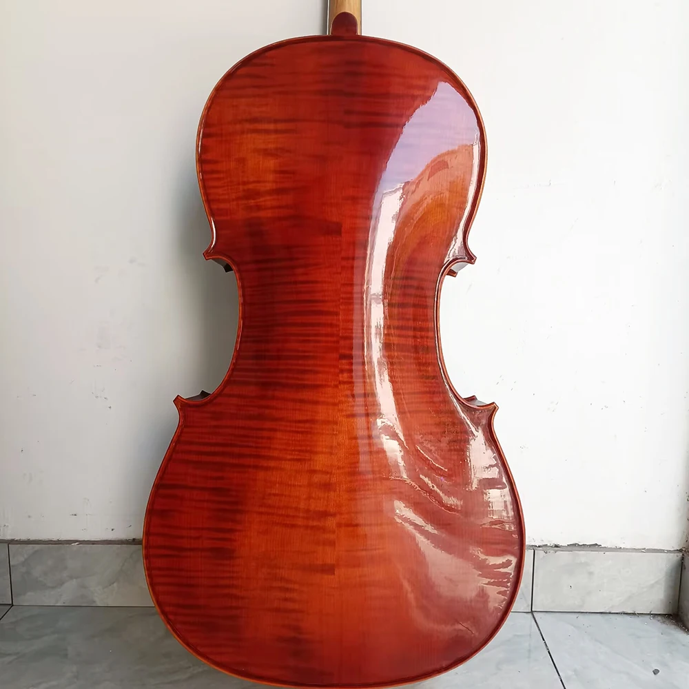 Violonchelo hecho a mano, tamaño 7/8, madera maciza de arce flameado natural, tapa de abeto, violonchelo profesional, instrumentos musicales con funda y arco.
