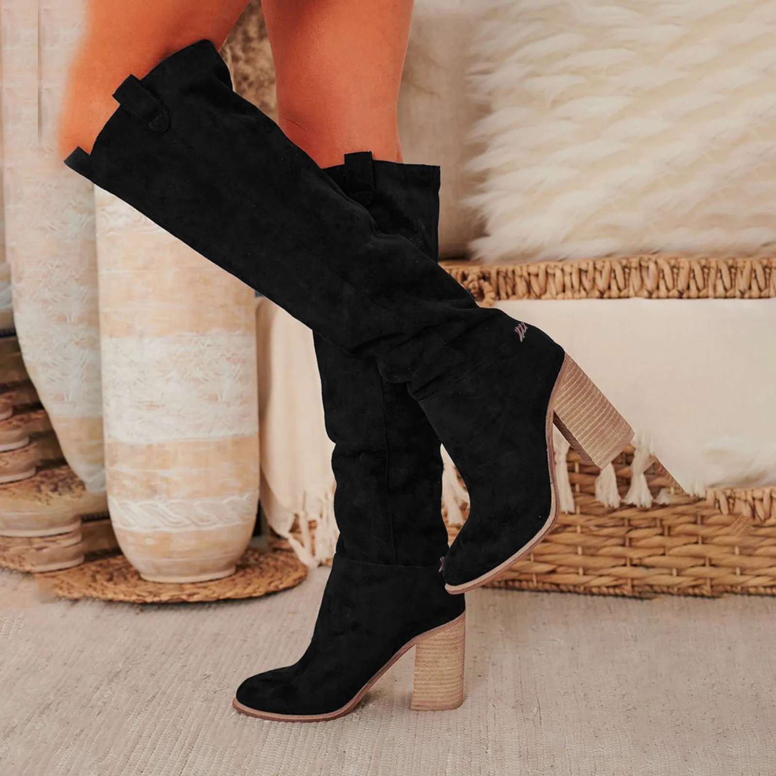 Thick High Boots Shoes Retro Boots Women\'S For Women Chunky Booties Knee Boots Heel Hign Boots Chunky High Heel Boots For Women