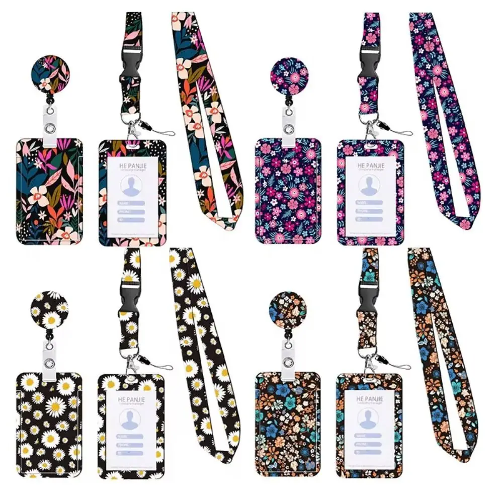 360 Degree Rotatable Working Cards Holder Necklace Strap Flower Flower Print Badge Holder Vertical 5 Colors