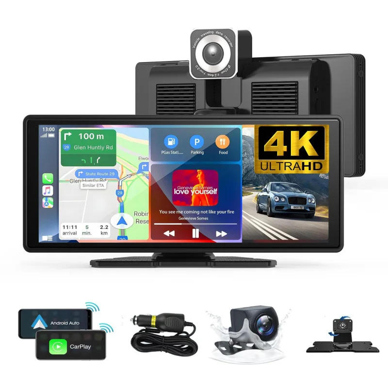 10.26 Inch Car DVR 4K Dual Recording Dash Cam with Bluetooth Android Auto Screen Mirroring Dashboard Mounted Driving Recorder