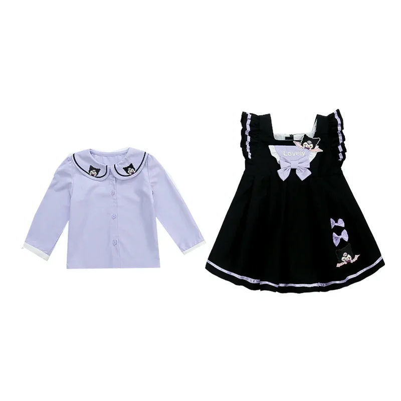 Sanrio Kulomi lindo cárdigan de manga larga informal para niños vestido superior camisa de solapa de dibujos animados jersey vestido de princesa conjunto de dos piezas