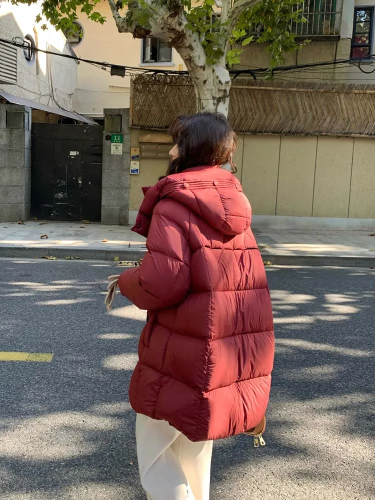 럭셔리 여성 후드 다운 재킷 2025 겨울 두꺼운 따뜻한 느슨한 중간 길이 퍼퍼 코트 기본 여성 겉옷 솔리드 INKEO DJ533