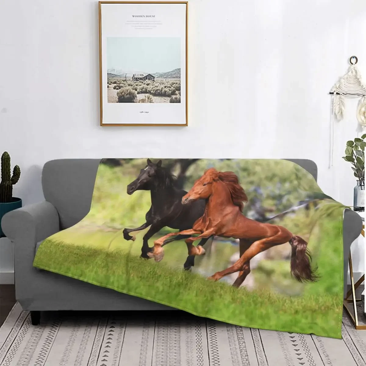 Black Brown Horse Blanket Flannel Printed Galloping Animal Lovers Super Warm Throw Blankets for Bedding Couch Bedspread