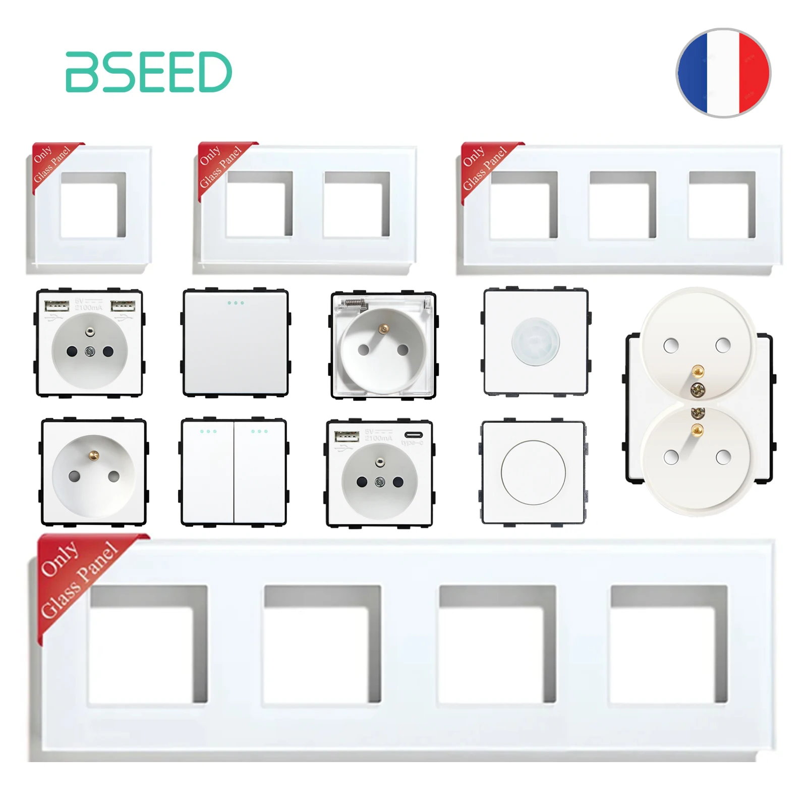 BSEED DIY Francja Standardowe gniazdo USB Przełącznik przyciskowy z ramką ze szkła kryształowego Biały domowy gniazdo ładowania telefonu typu c Francuski