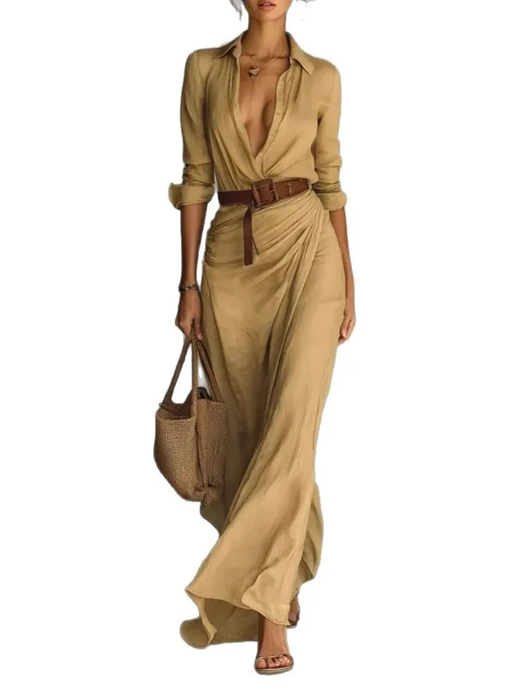 เดรสยาวแฟชั่นผู้หญิง คอวีลึก ติดกระดุม ดีไซน์เซ็กซี่ สำหรับฤดูใบไม้ร่วง ปี 2026 เหมาะสำหรับงานปาร์ตี้วันหยุด สไตล์ลำลอง แขนยาว พร้อมเข็มขัด