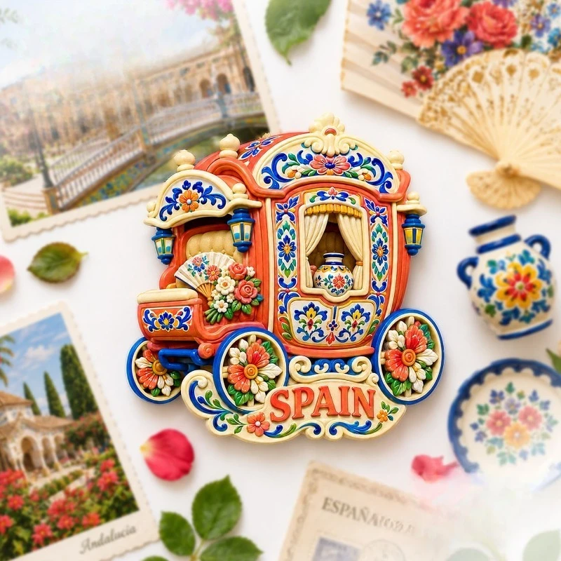 Spain Painted Carriage Fridge Magnet - Romantic 3D Spanish Souvenir Unique European Gift for Travel & Garden Decor