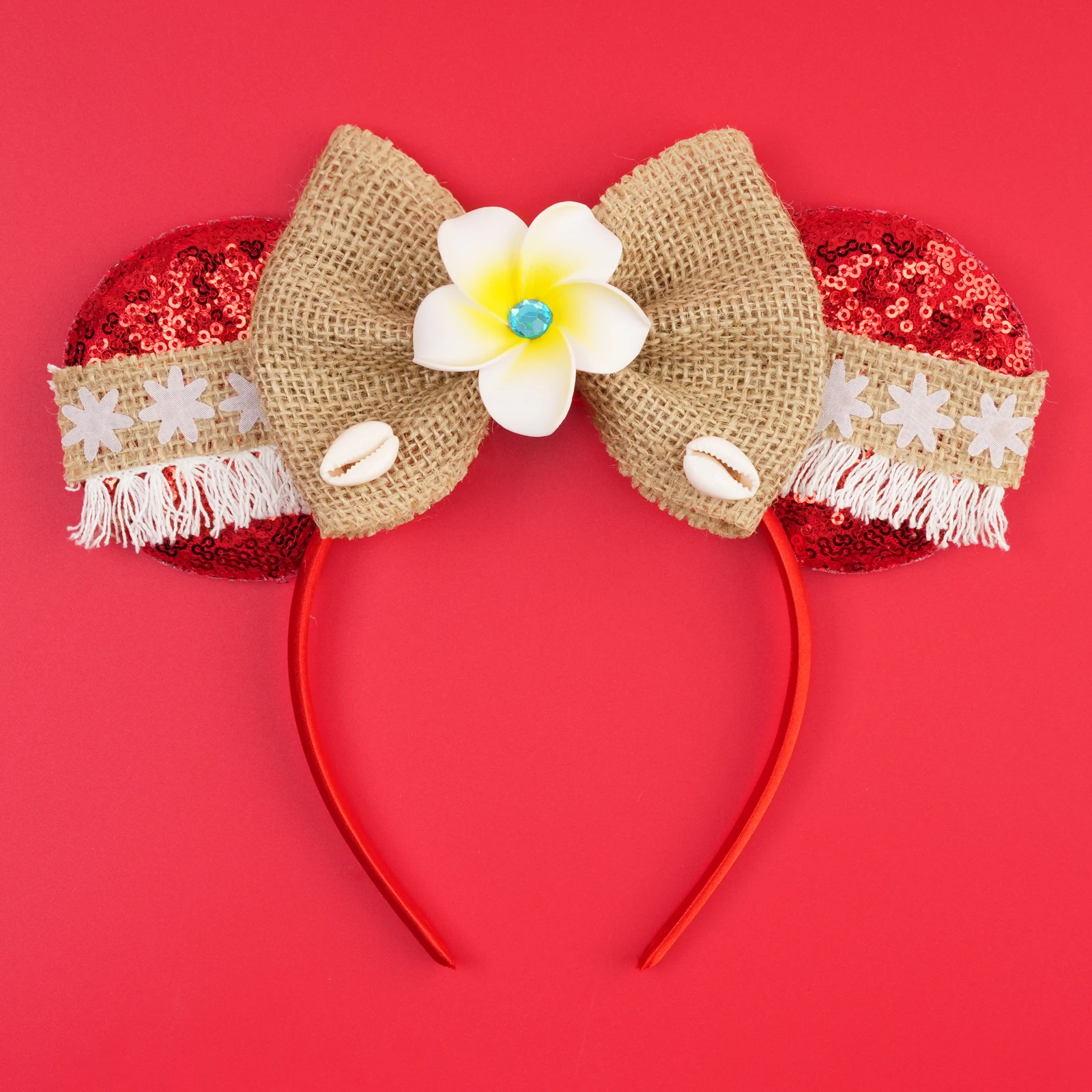 Cartoon Moana Stirnbänder für Mädchen, Kinder, Grasgrün, niedliche Haarbänder mit Mausohren, Damen, Rot, 5 Zoll, Pailletten-Schleife, Maui-Haaraccessoires, Geschenke – Detail 6