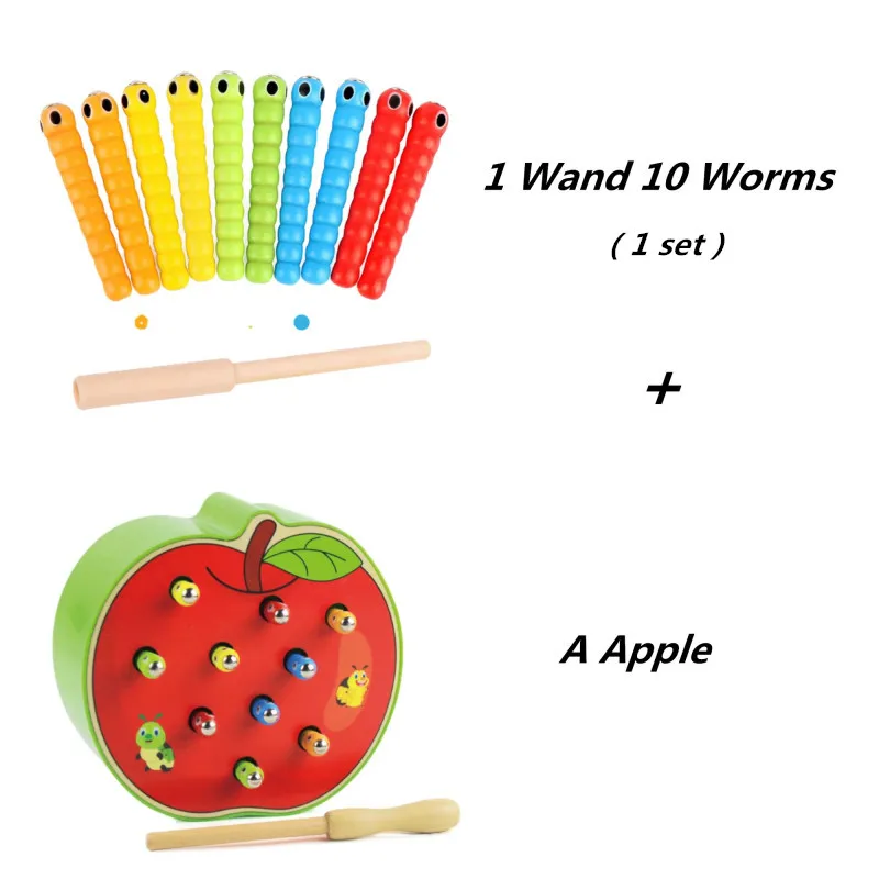 Funny Apple Shaped Catch Insects Game Toy And 1Wand+10 Worms Magnetic Wooden Toy Kid Toddlers Educational Intelligence Toys