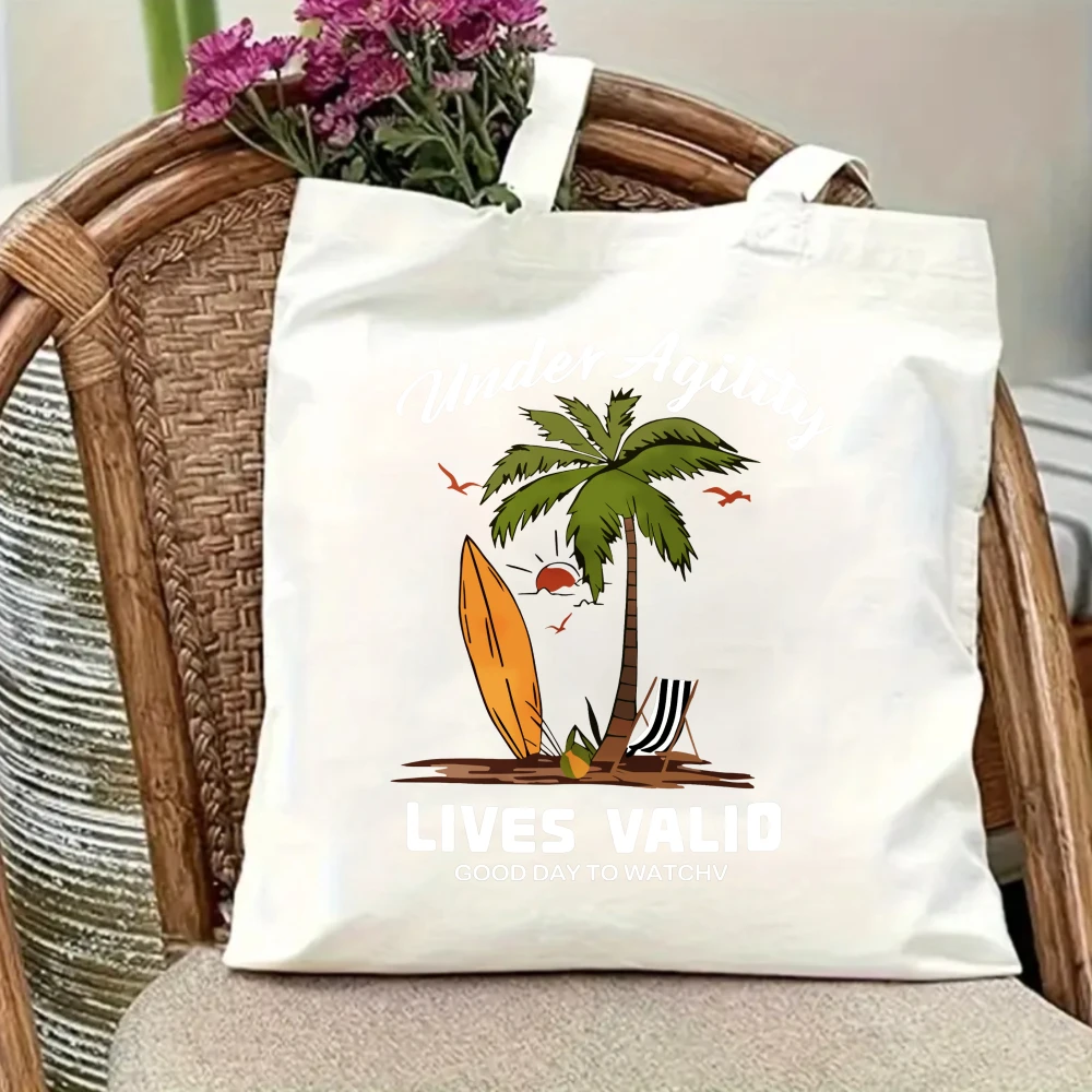 Womens Tote Bag Skeleton Skeleton Character Tropical Palm Trees Caramel Sunset Disc Printed Bold Typography Crisp White Base