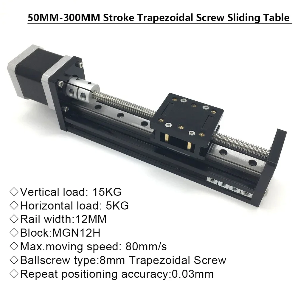 T-type Sliding Table Rail Linear Stage 2-8mm Pitch Transport Guide Platform 50~300mm  NEMA17 Stepper Motor &TB6600 Driver Kits