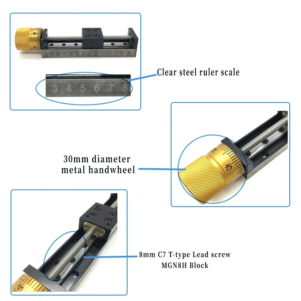 T-type Mini Sliding Table 50~300mm Stroke Linear Rail Actuator 1/2/4/6/12 Lead Pitch Scale Handwheel  Manual Slide Stage For CNC