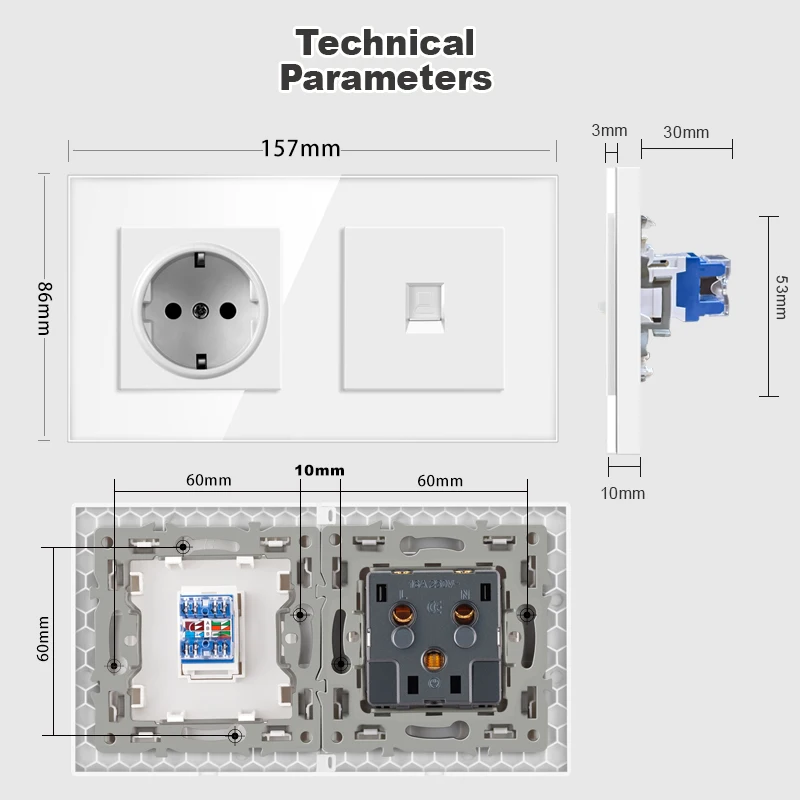 NYWP - European Union standard wall socket, television and telephone, tempered glass, RJ45 Cat6 wall connector, computer Interne