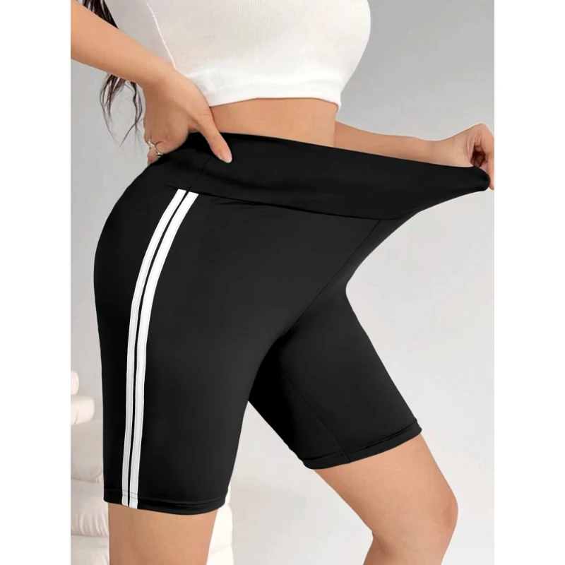 Female Shorts Daily Sports Fitness Solid Colour Shorts Patchwork Side Stripe Design Casual Knit Women's Five Shorts