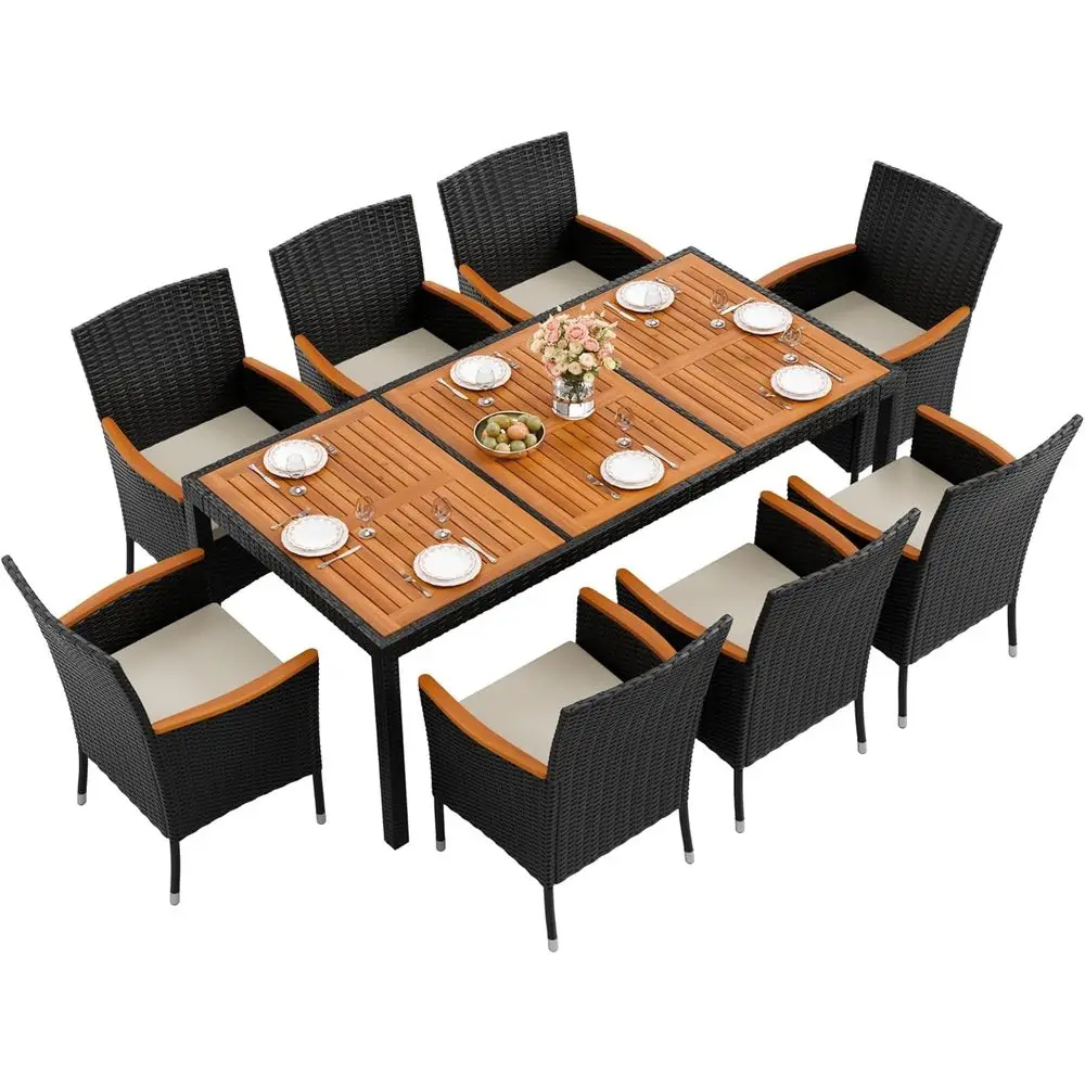 

9-Piece Patio Dining Set: Acacia Wood Table with Cushioned Chairs for Outdoor, Deck or Garden