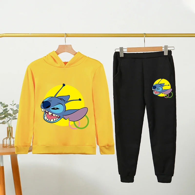 

Lilo&Stitch Sweatshirt Suit Children Boy Girl Plush Kawaii Hoodies+pants Trendy Print Hoodie Sweatpants Anime Clothes Set Gift