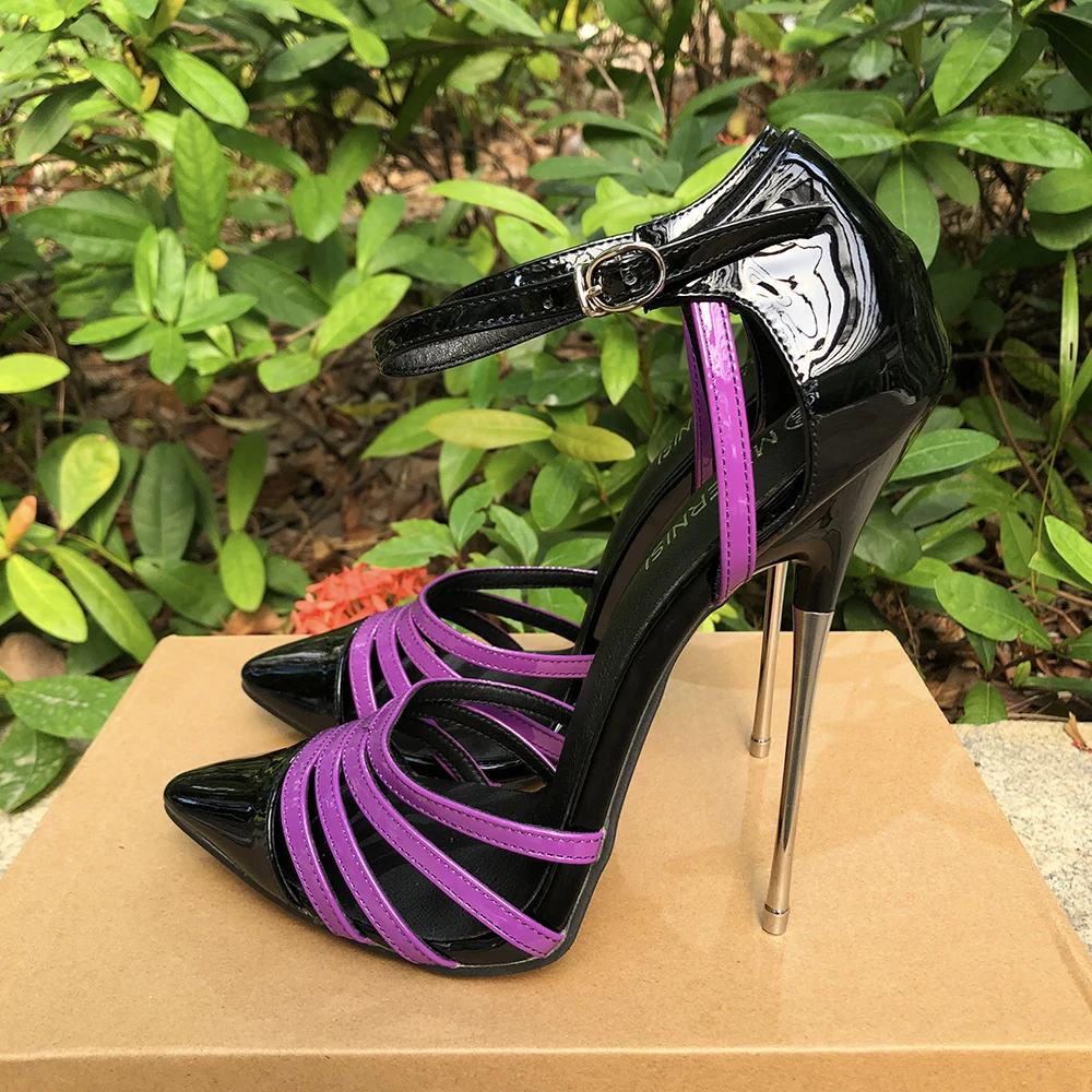 16cm Extreme Thin High Heels Women Purple Ankle Strap Stilettos Pumps Sexy Fetish Model SM Man Party Unisex Shoes Crossdresser