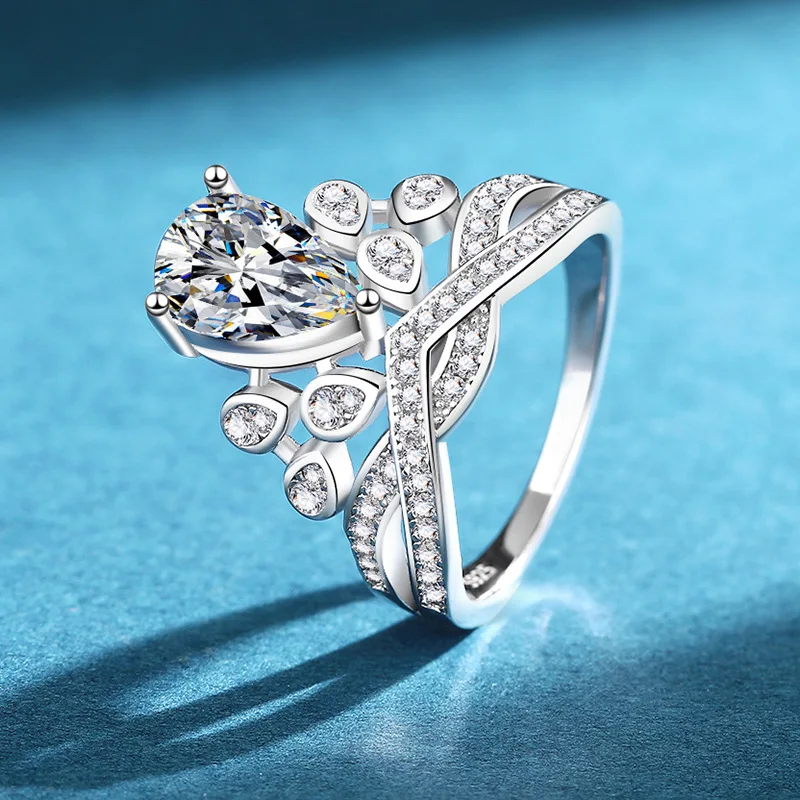 S925 Rhodium Plated 2CT D Color Teardrop Crown Moissanite Ring, Elegant Statement Women's Jewelry