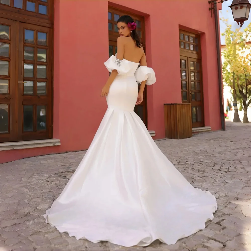 Customized Simple Strapless Puff Sleeves with Shiny Bow Open Back Mermaid Sweep Train Wedding Dresses Quality Satin Bridal Gowns