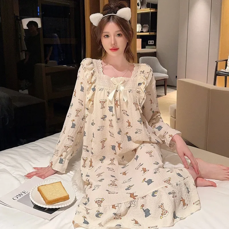 5XL Plus Size Women Pajamas Autumn Spring Sweet Cute Square Collar Long Sleeve Nightgowns Loose Homewear Student Long Nightdress