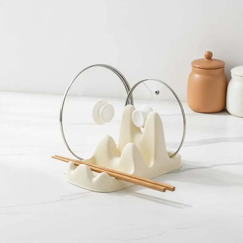 Multifunctional Kitchen Organizer Two Tier Pot Lid Holder and Spatula Shelf for Countertop Cooking Essentials Storage
