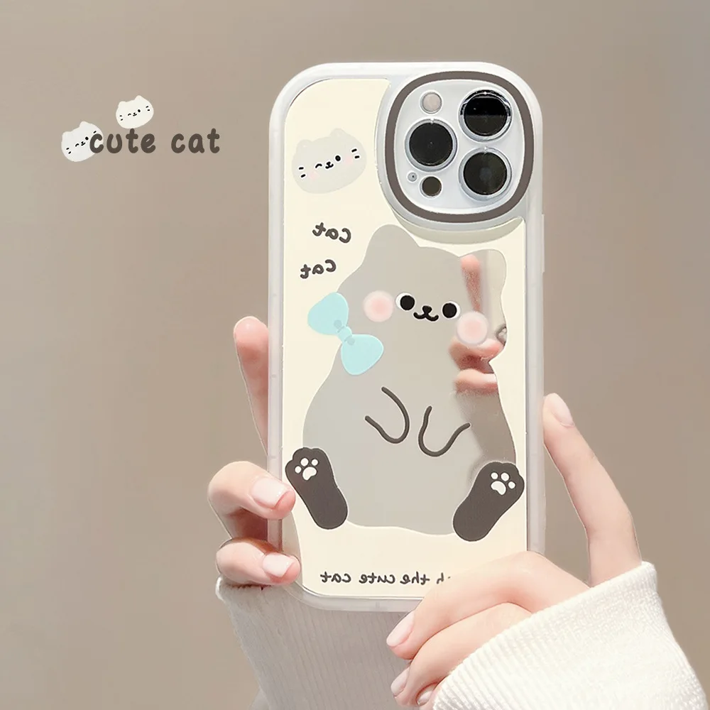 Niedliche Cartoon-Katze-Make-up-Spiegel-Telefonhülle für iPhone 16 15 14 13 12 11 Pro Max XS XR X 7 8 Plus stoßfeste Schutzhülle