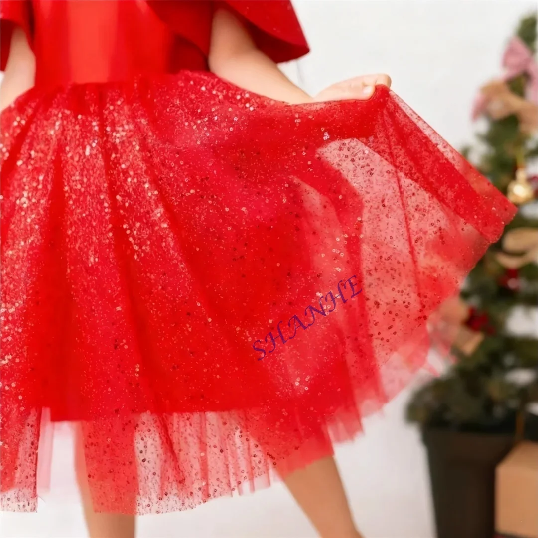 Simpatico abito da ragazza rosso natalizio con soffice gonna in tulle con paillettes Abito da sera per festa di compleanno per bambini personalizzabile personalizzato