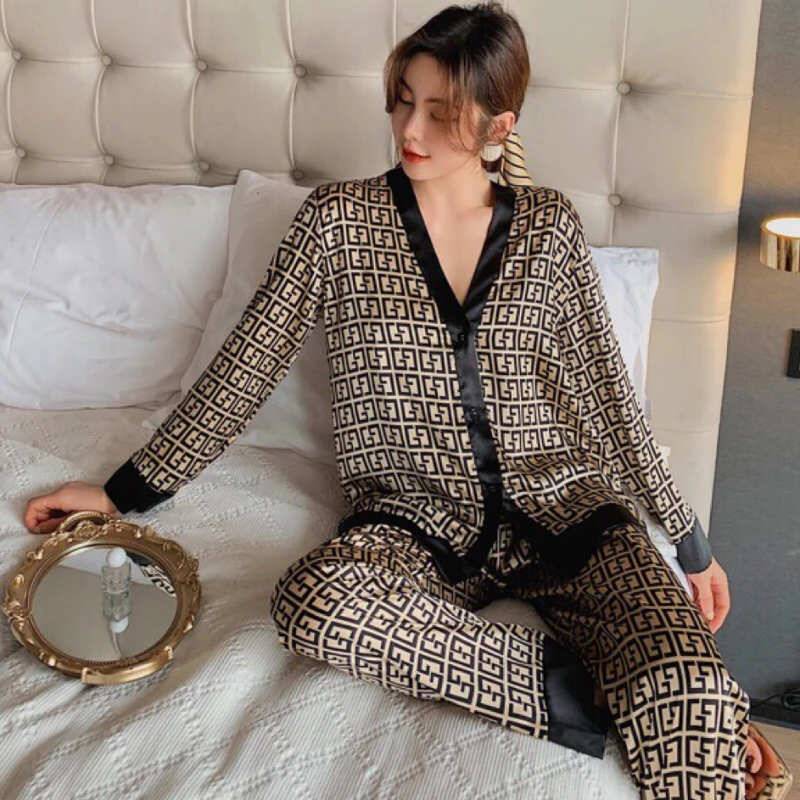 

HYRAXPajamas Woman Spring Autumn Thin Style Senior Houndstooth Leopard Print Long Sleeve Summer New Pattern Fashion Leisure Wear