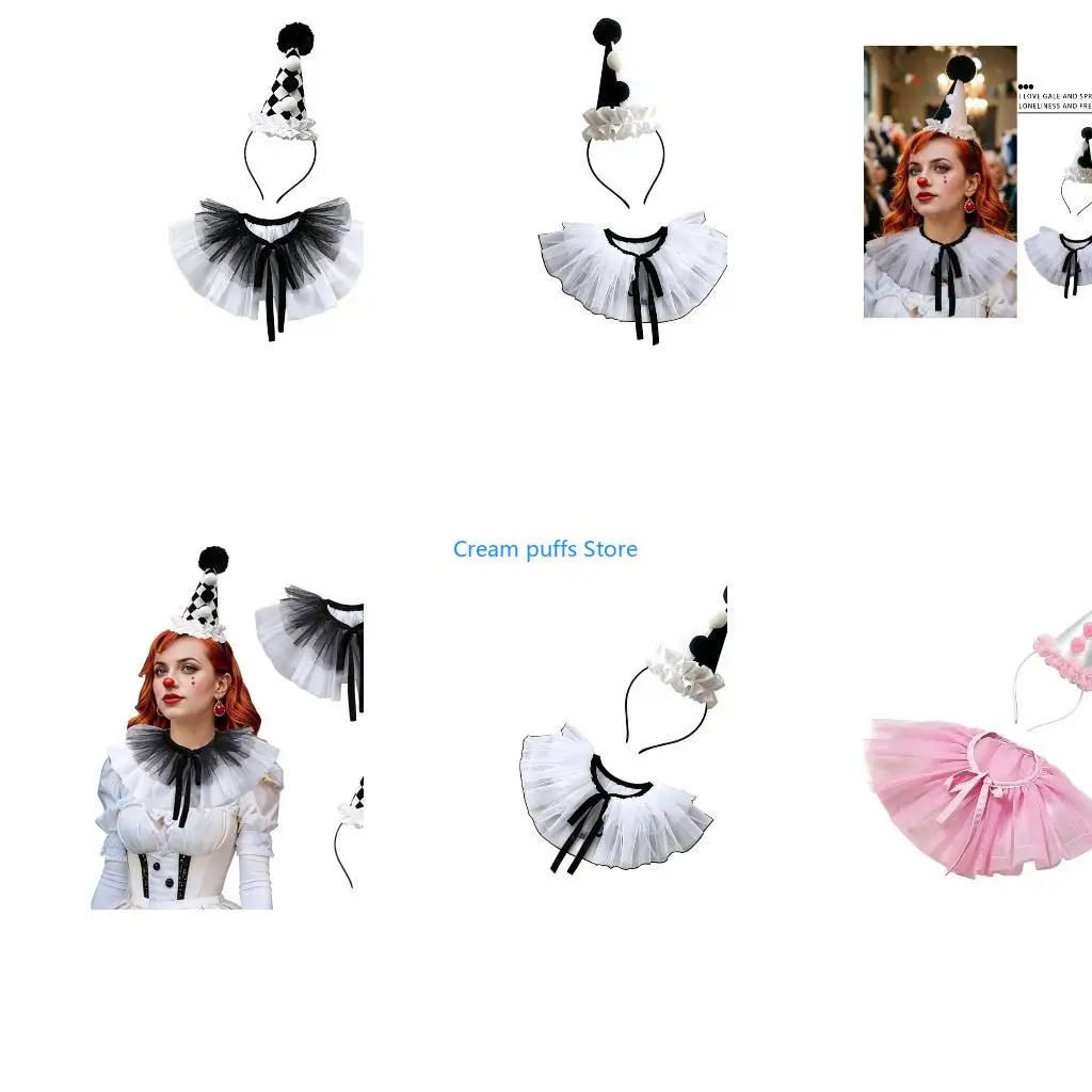 50LE Ruffle Collar and Hat Headband Costume Set for Halloween Party Use, Headpiece for Adults and Kids Photo Looks Use