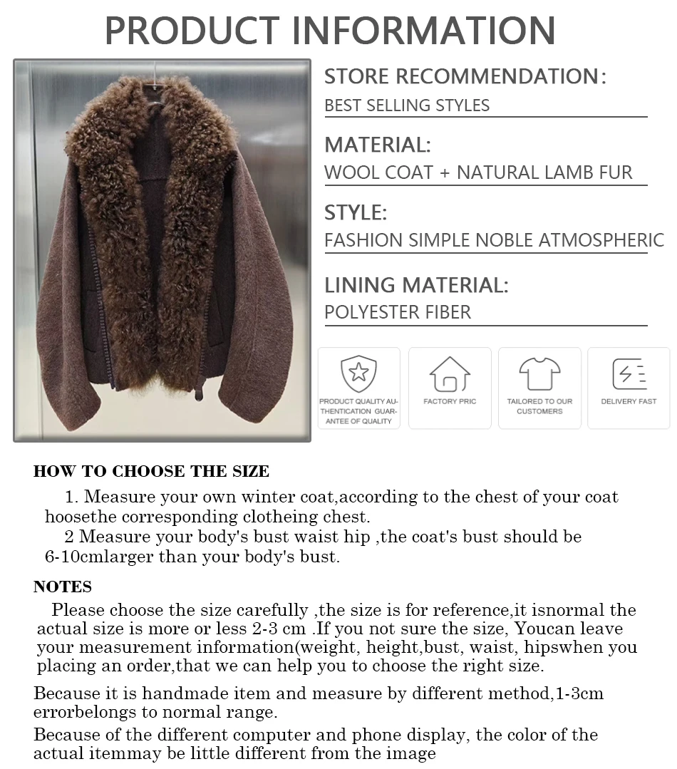 معطف شتوي دافئ من الصوف مع ياقة من فرو الضأن معطف فرو حقيقي الأكثر مبيعًا سترة فاخرة
