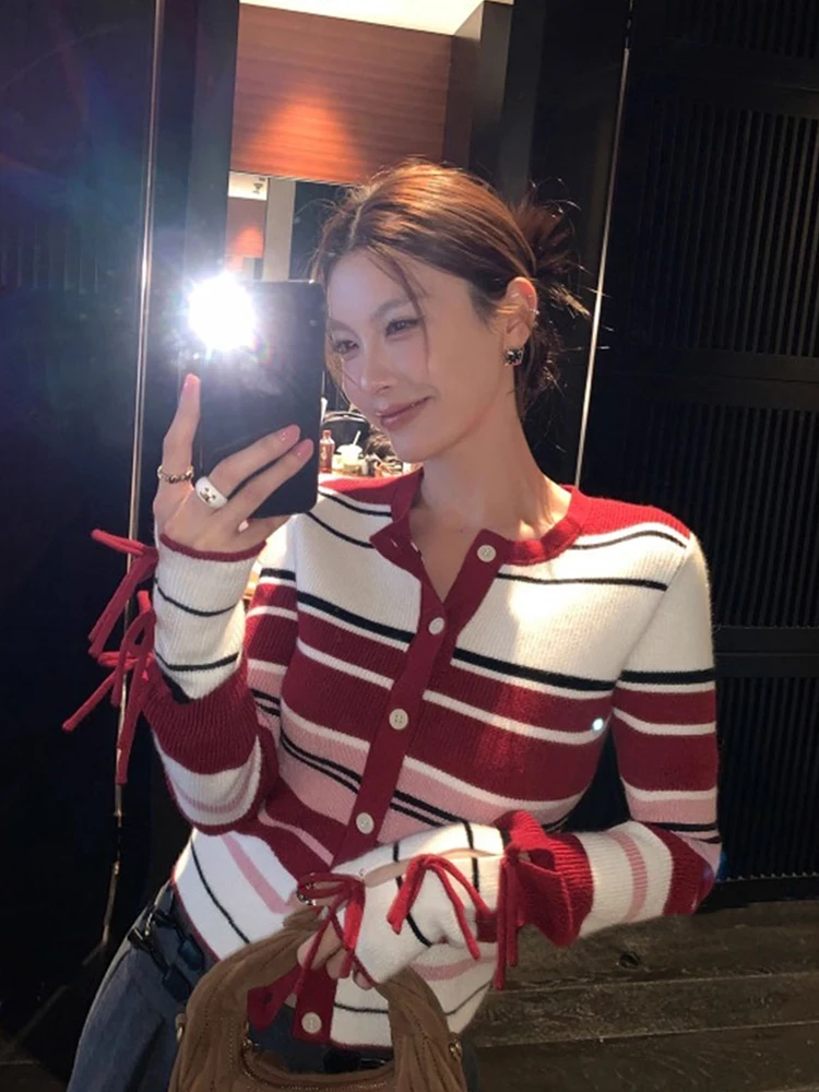 

Retro Striped Knitted Open Cardigan Long Sve round Ne Women's Sweater Knot Design Autumn Winter Faion Sensation