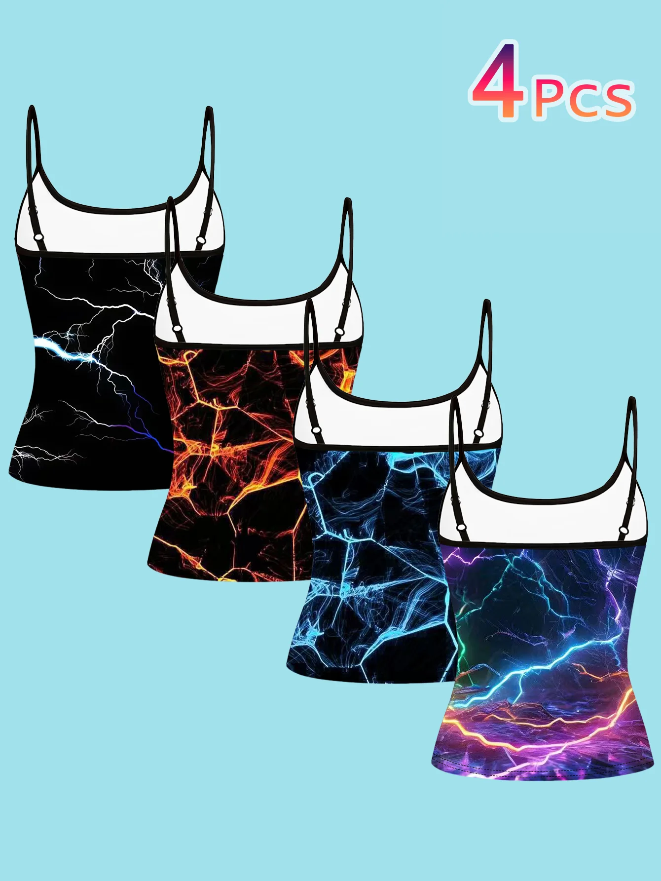 4-Piece Set of Women's Spaghetti Strap Camisoles with Black Base, Neon Electric Lightning Crackle Cool Artistic Print, Slim Fit Sleeveless Tops