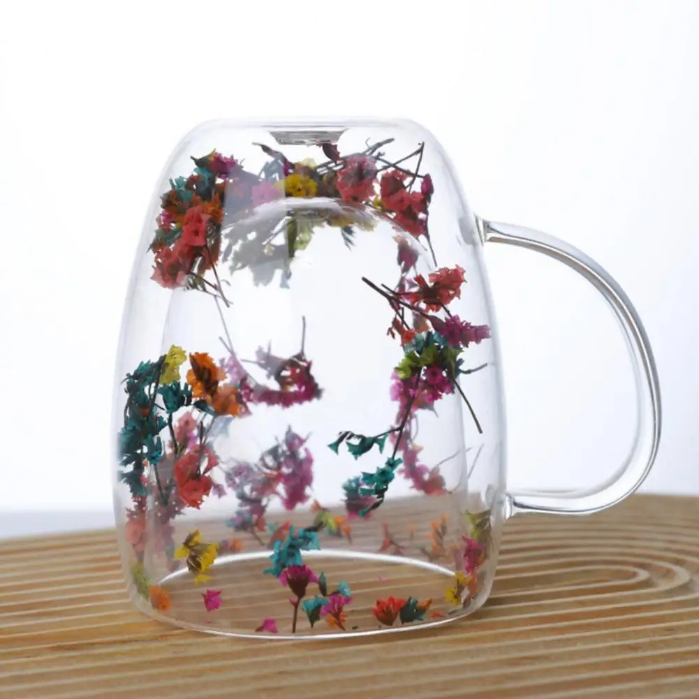 Flower Design Glass Coffee Cup Elegant Dried Flower Double Wall Glass Coffee Mug Set Insulated Cups for Hot for Women for Hot