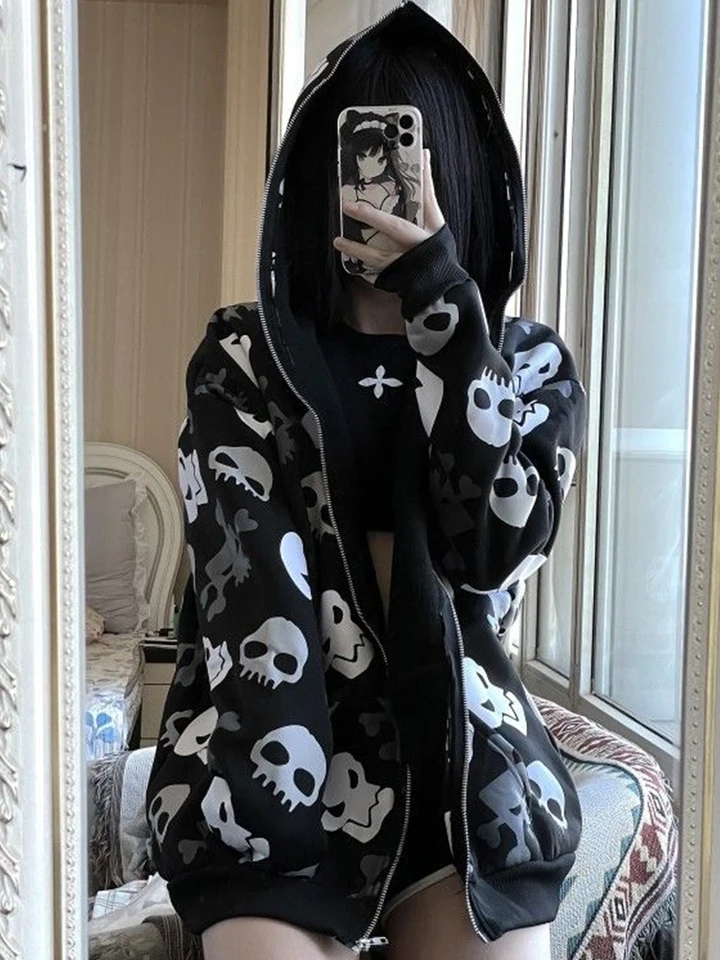 AltGoth Cyberpunk Y2k Sweatshirt Women Mall Goth Harajuku Skull