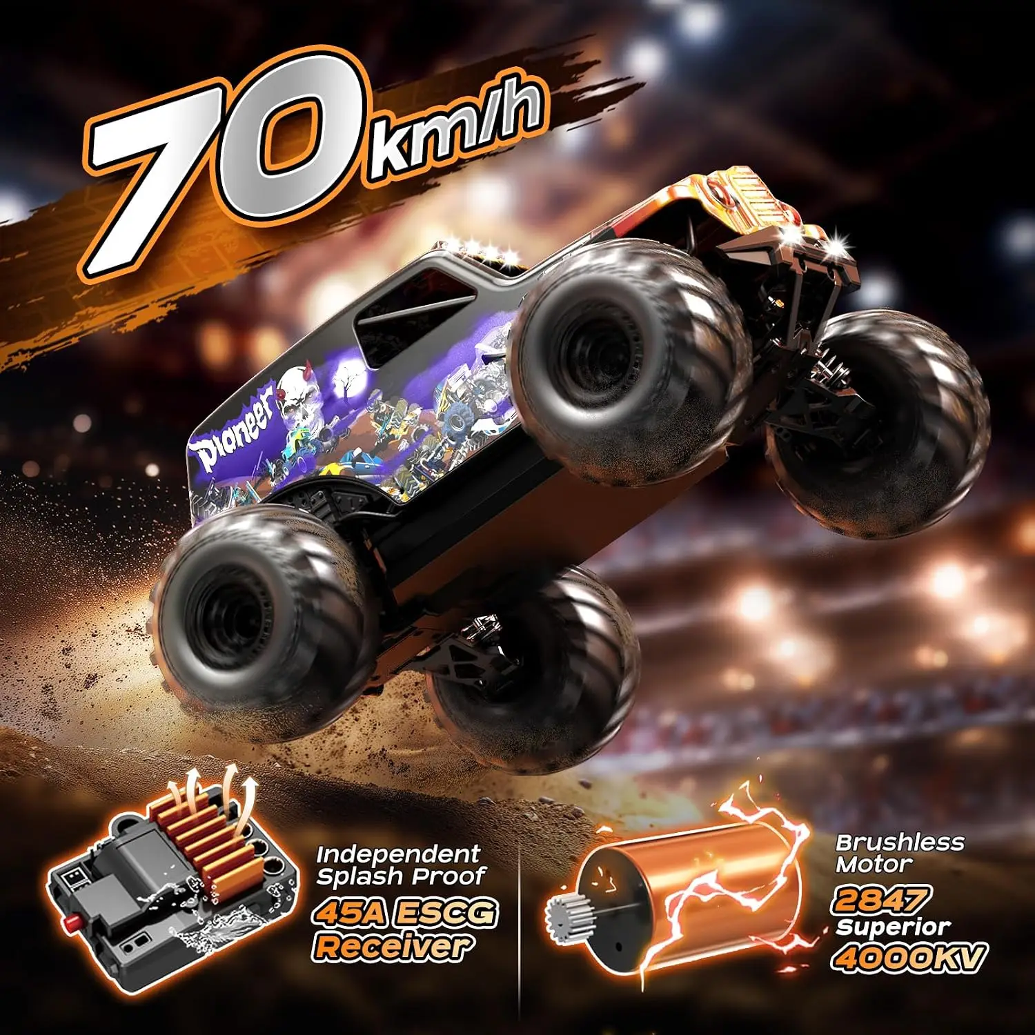 Adults' 1/14 Scale Brushless RC Truck, Electric 4WD High-Speed Off-Road Remote Control Car, Max 42 MPH with Oil Shock Absorbers, Includes Two 3S 1200 mAh LiPo Batteries