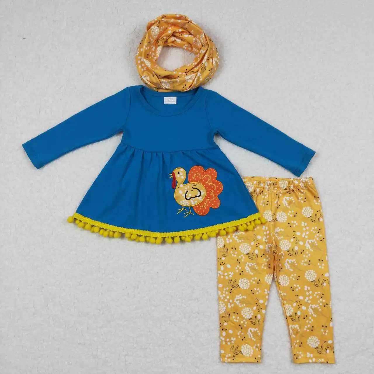 

wholesale hot sale baby girls clothes Embroidered Turkey Blue Long sleeve flower Yellow trouser suit neck three-piece set