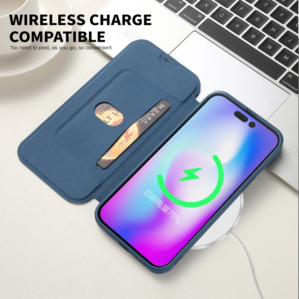 Luxuriöse Flip-Lederhülle für iPhone 16 15 14 13 12 11 Pro Max Xs Xr 16Plus, stoßfeste Flüssigsilikonhülle mit Kartenfach und Geldbörsenfunktion – Detail 2