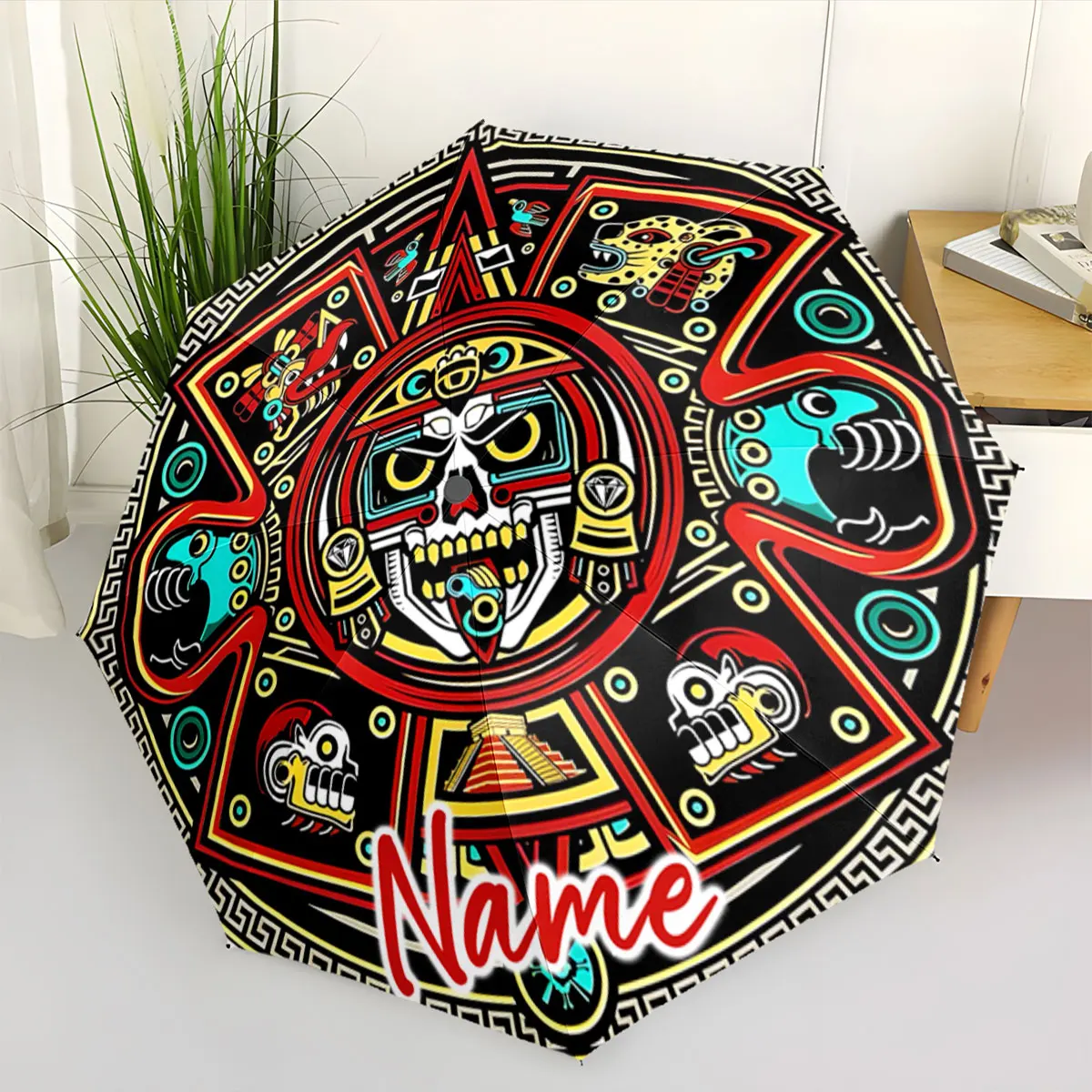 Custom Name Vibrant Aztec-designed umbrella with intricate Print 8 Iron Ribs Folding Umbrella Auto-Open Fashion Sunshade