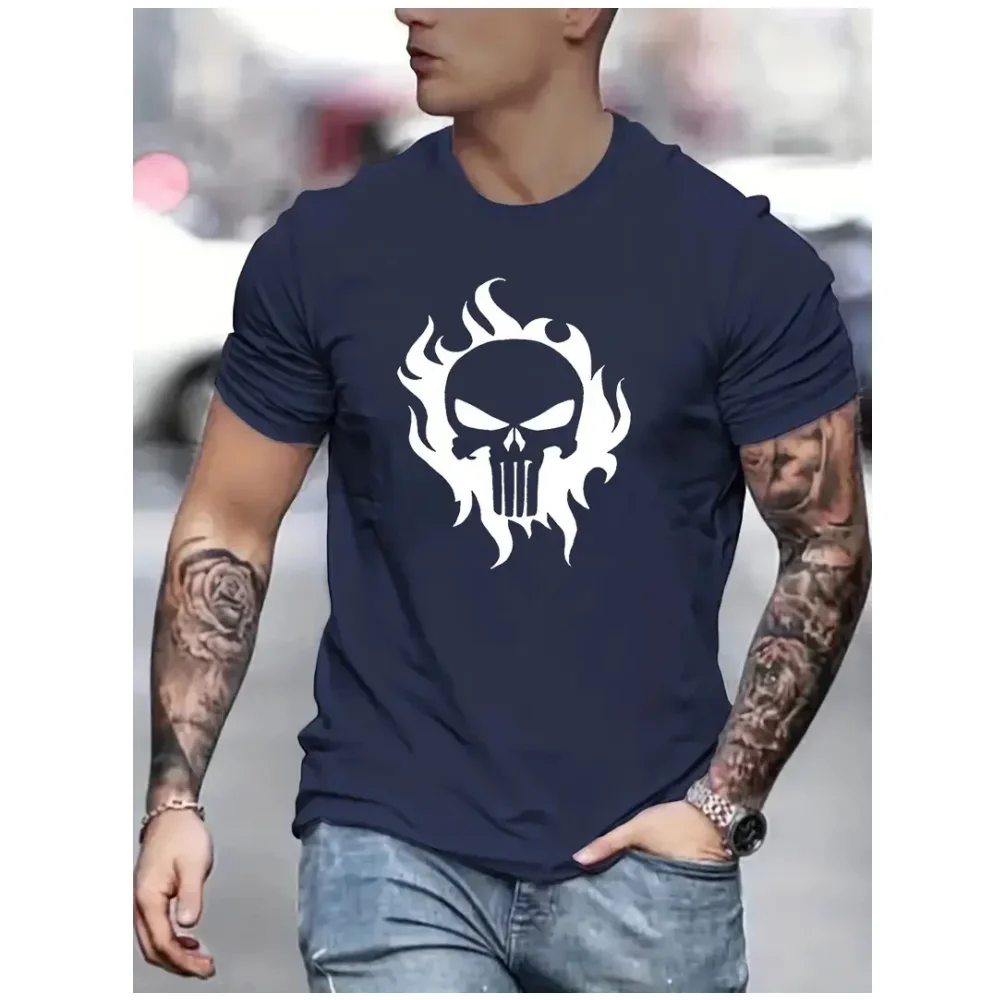 Mens T-Shirt Fashion Trend Skull Pattern Printing Casual Stretch Short Sleeved Round Neck Tee Summer Outdoor Man Tshirt Clothing