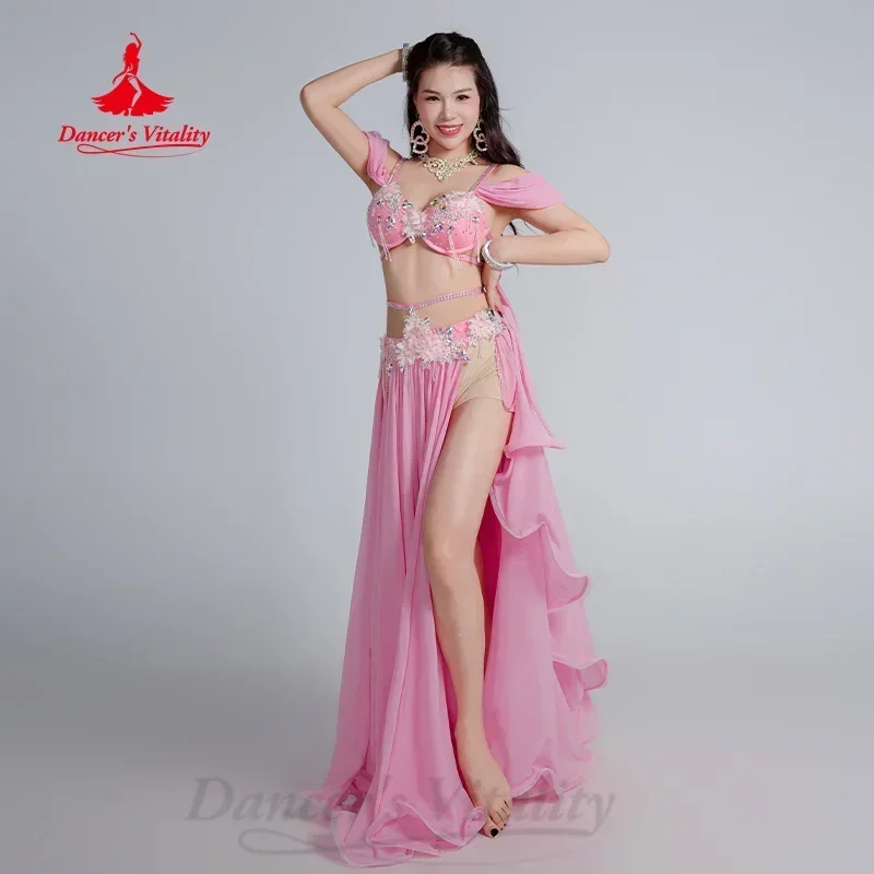 Set di costumi di danza del ventre per donna Reggiseno con strass di lusso + gonna lunga divisa sexy 2 pezzi Vestito da performance di danza del ventre orientale