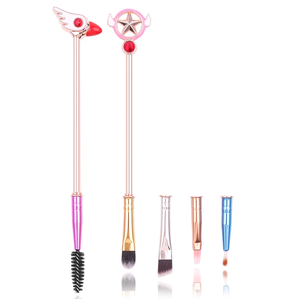 2Pcs Cute Card Captor Sakura Makeup Brush Set Metal Handle Eyelash Eye Shadow Blush Synthetic Fiber Brush Free Three Brush Heads