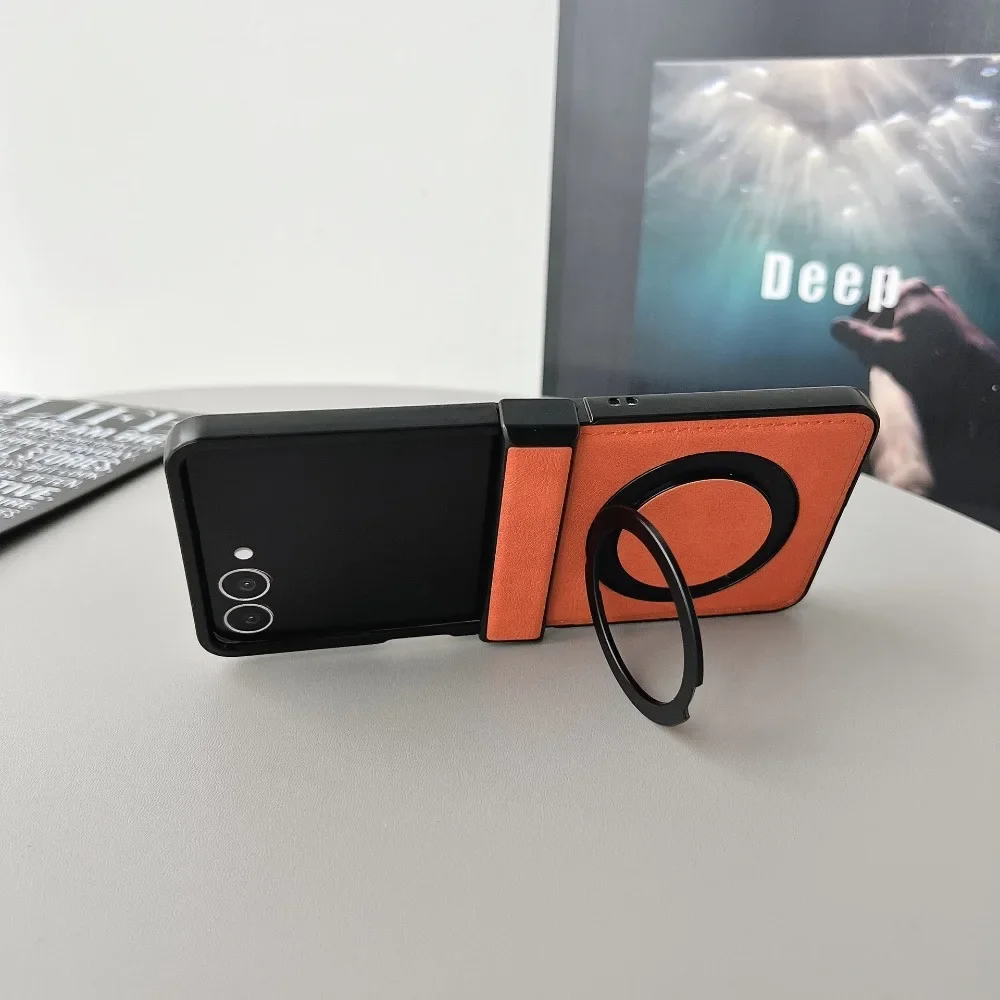 حافظة هاتف جلدية مغناطيسية لهاتف سامسونج جالاكسي Z Flip 7 FE 6 5 4 3 Flip7 Flip6 Flip5 5G حلقة حامل المفصلي الغطاء الواقي #3