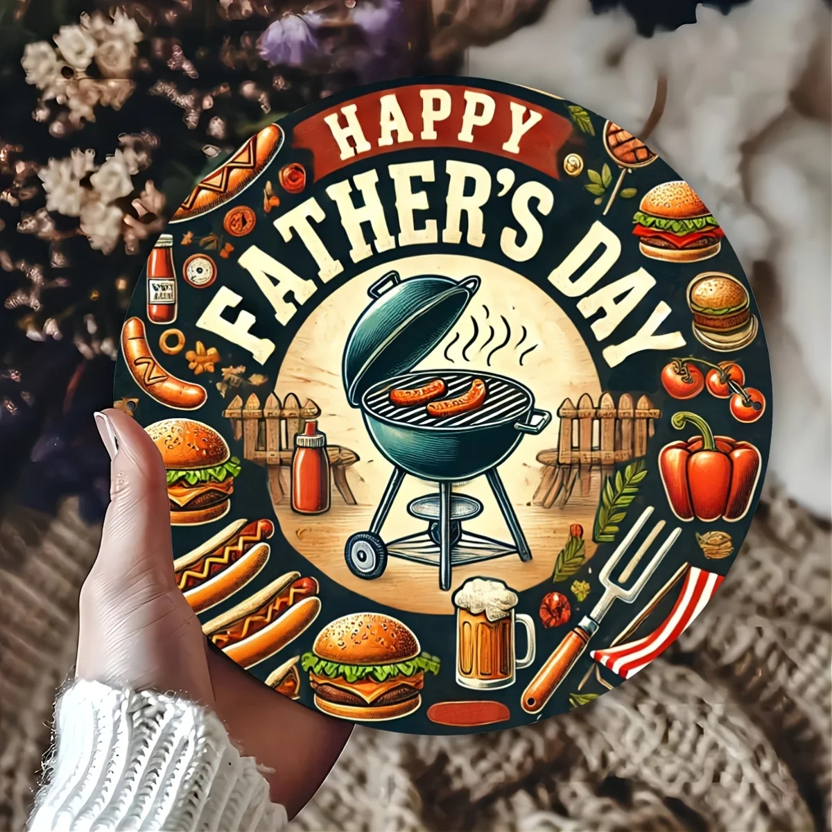 Vintage BBQ Themed Round Wooden Wall Sign - Retro Barbecue Decor with Burgers, Hot Dogs & Beer - Artificial Suitable for for, fo