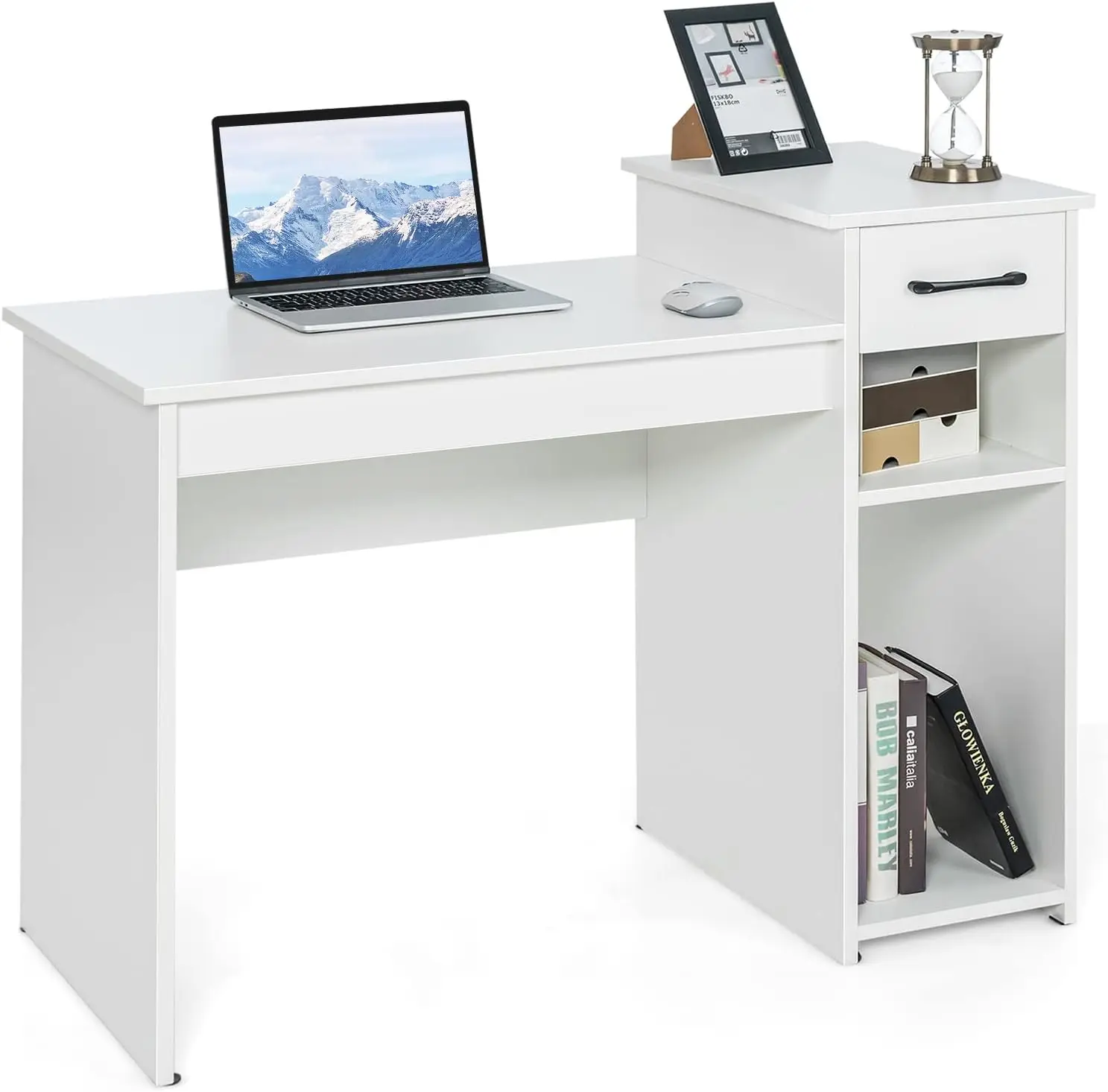 

Compact White Desk with Storage Drawer & Shelves, Modern Wooden Study Writing Desk Small Spaces PC Laptop Desk