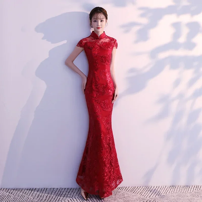 

Lace Mermaid Chinese Style Lady Cheongsam Long Tight Elegant Dress Big Size 3XL Vestidso Vintage Red Bride Wedding Qipao S-203