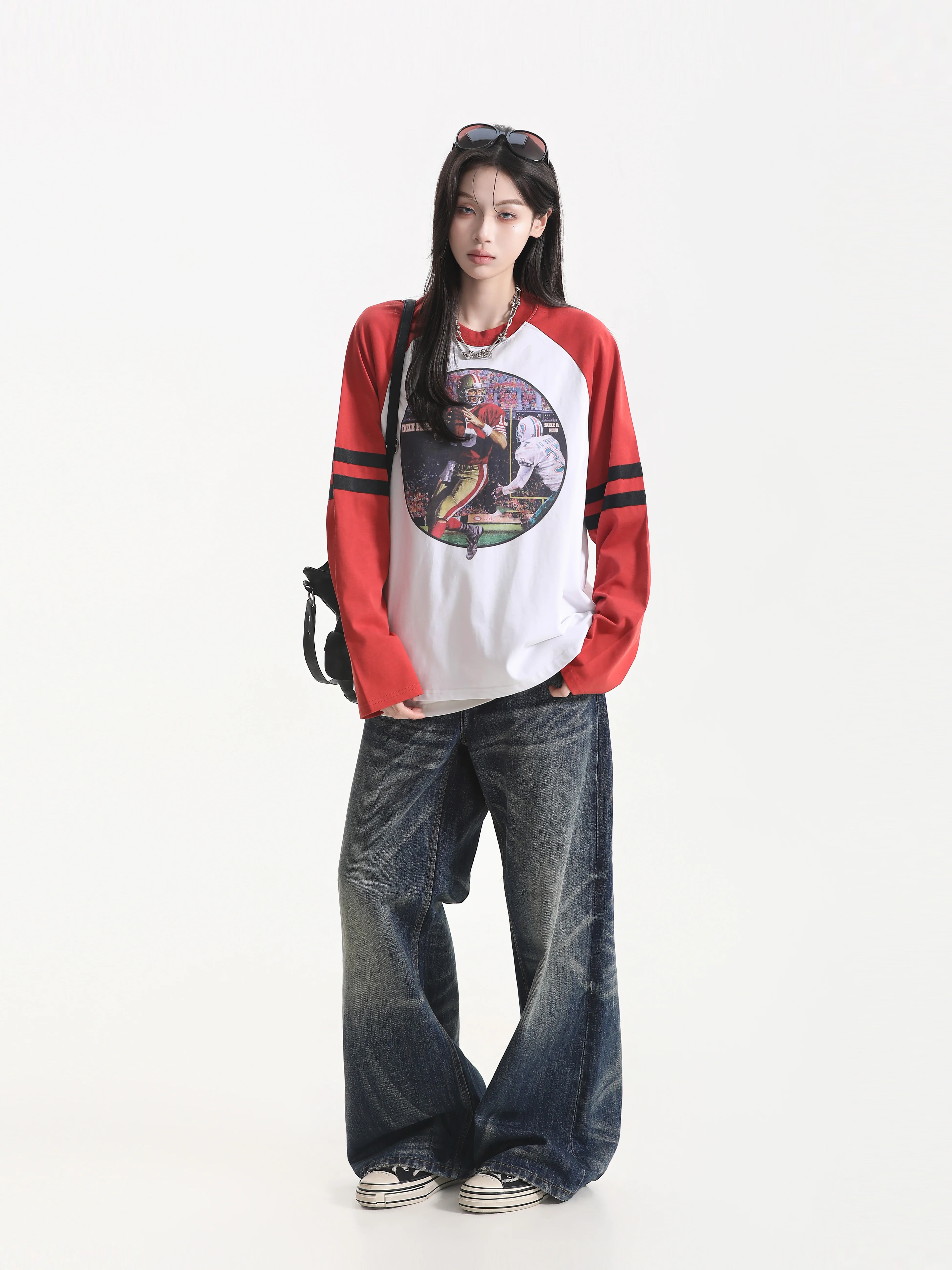 Oversize Vintage T-Shirt Women's round Neck Shoulder Sleeve Splicing Printed Casual Long Sleeve Cotton Top for Young Women