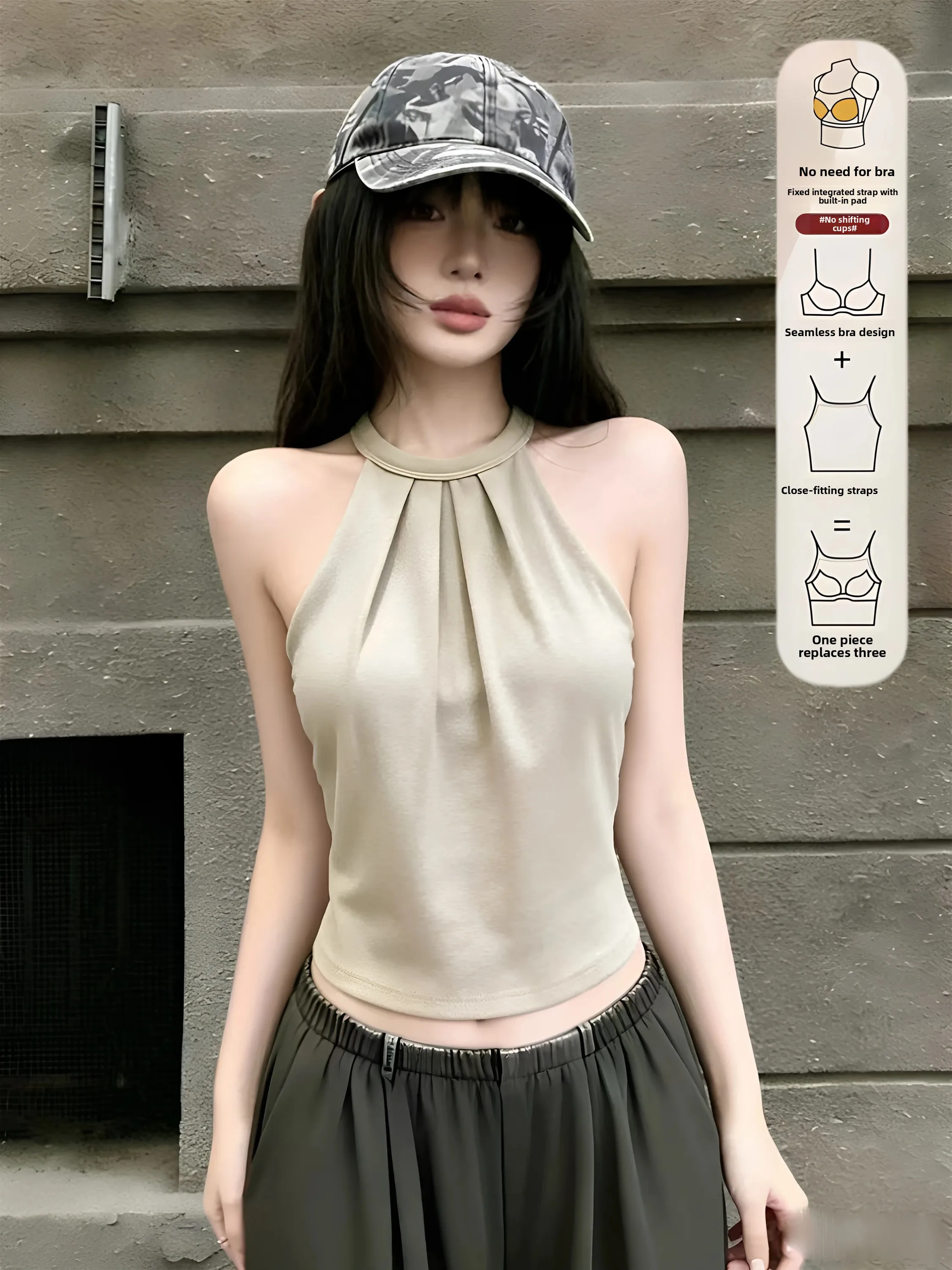 Women's 95 Cotton Halter Neck Tank Top with Chest Pad Sexy Slim Fit Base Layer Shirt Inner Wear Outer Wear Spring Summer