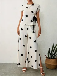 Women's Chiffon Sport Suit 2024 Summer New Fashion Polka Dot Wide Leg Pants Strap Tops Two Piece Set For Women  Clothing