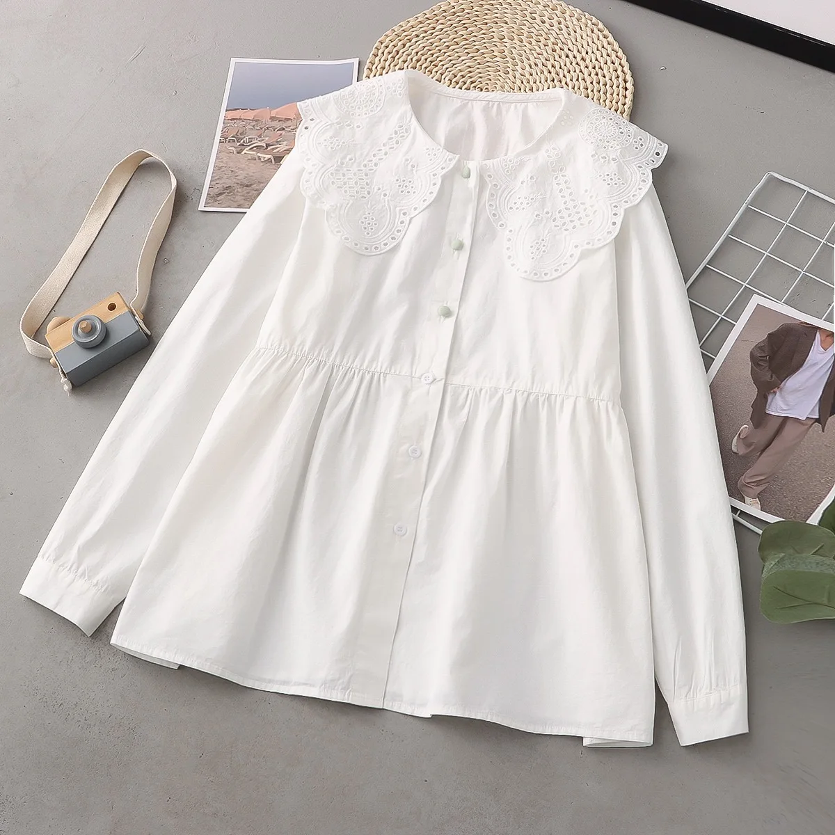 Mori girl Japan style sweet lace hollow out collar long sleeve shirts and blouses 100% cotton white shirt a-line blouse