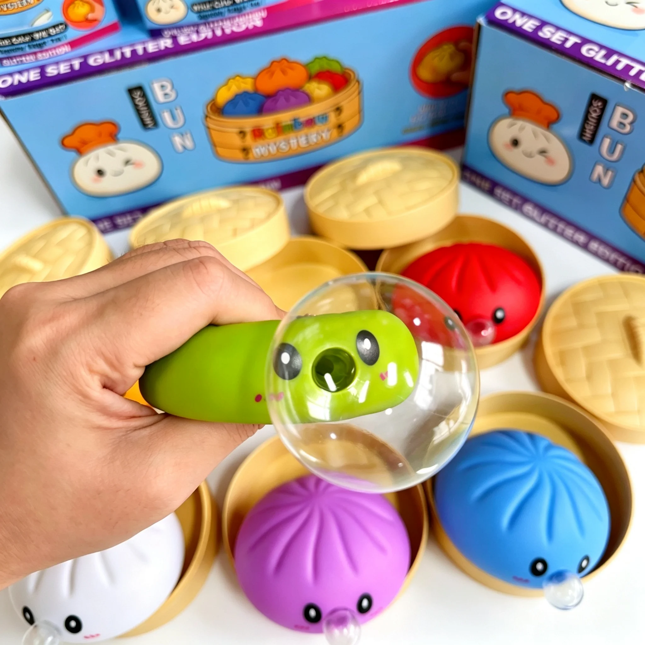 1/12Box Dumpling Squeeze Blow Bubbles Toy Dumpling Squishies Set with Steamer Bubble-Blowing Squishies Stretchy Fidget Sensory